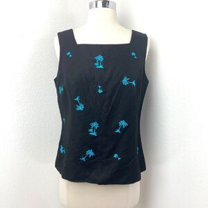 Vtg Annie Alexander Black Linen Blend Embroidered Top 10 Palm Trees Resort Beach